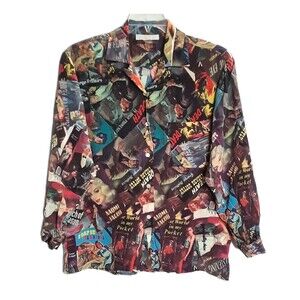 VTG RARE  L'AUTRE CHOSE Luxury Silk Blouse Pulp Fiction Novel Book Cover Print S